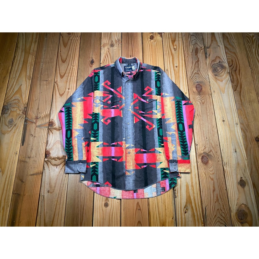 Vintage 90s Wrangler Cowboy Cut Aztec Western Shirt - USA Made X-Long Tails